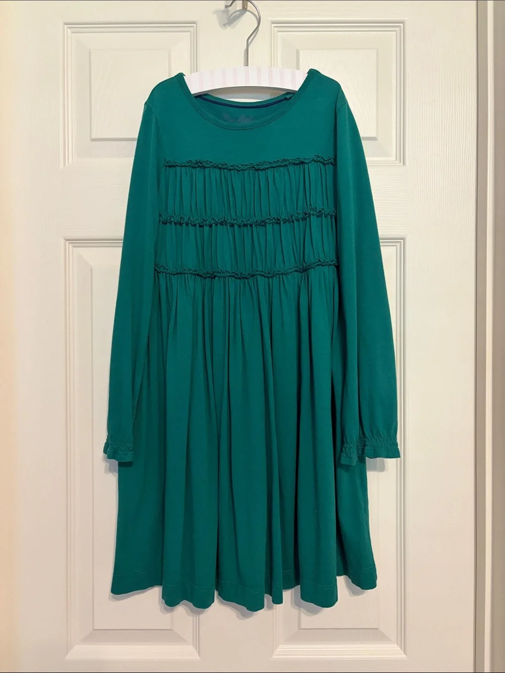 Mini Boden green long-sleeve dress with ruffle trimmed bodice - Size 8-9Y